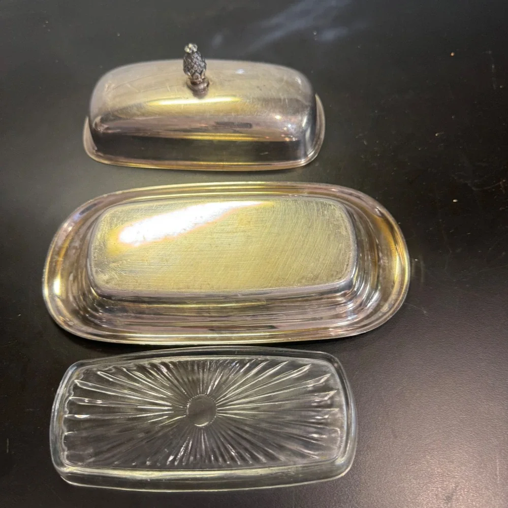 Vintage Pineapple Finial Butter Dish Silver Plated Glass Insert Silver Regency